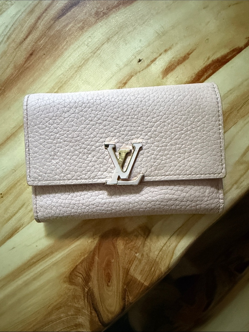 Louis Vuitton Pale Pink Pebbled Leather Compact Wallet with LV Logo